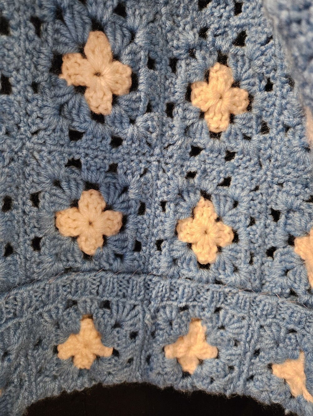 VTG Handmade Granny Square Crochet Cardigan Blue White Oversized OS - Picture 10 of 13